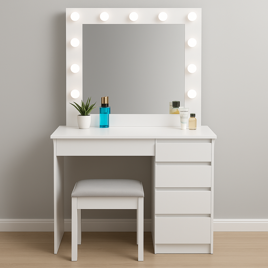 Coiffeuse Aga avec miroir, éclairage LED et tabouret en blanc mat