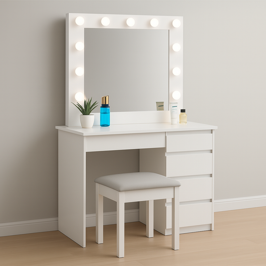 Coiffeuse Aga avec miroir, éclairage LED et tabouret en blanc mat