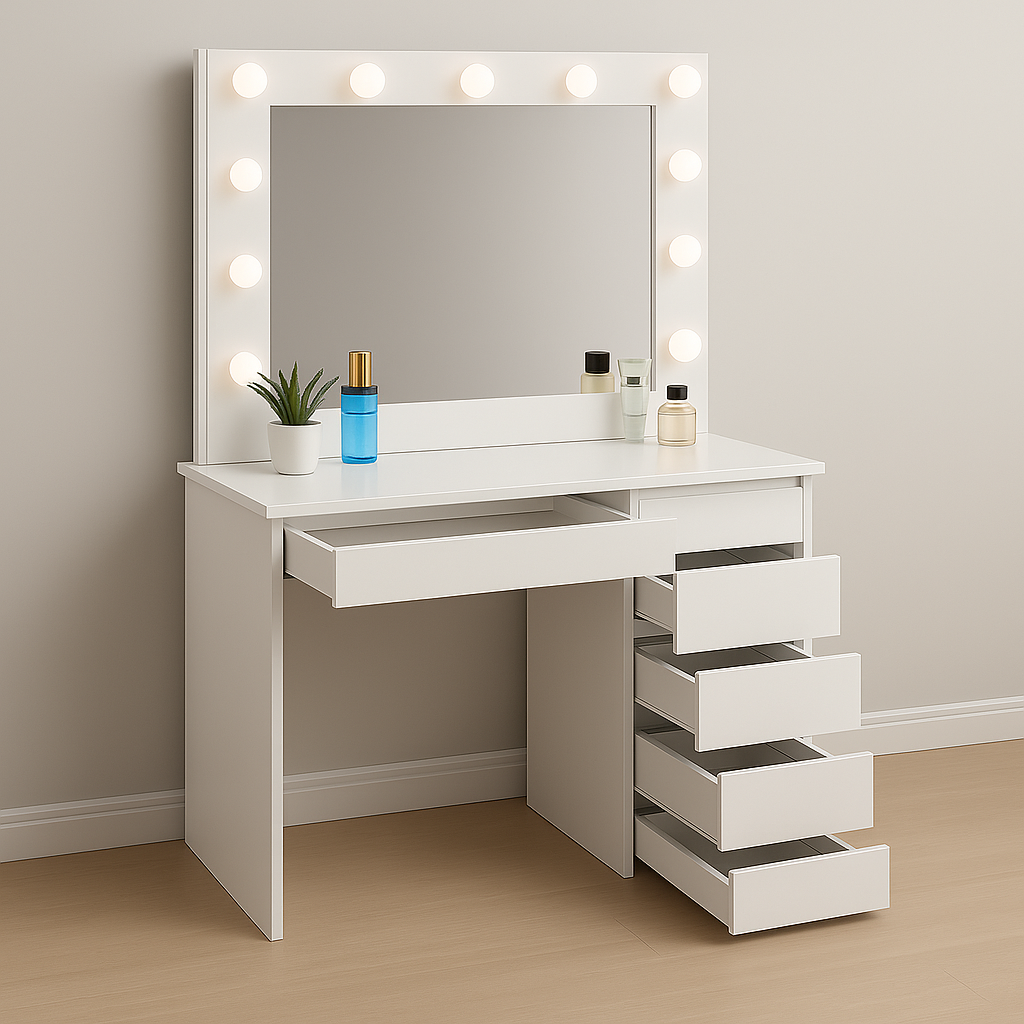 Coiffeuse Aga avec miroir, éclairage LED et tabouret en blanc mat