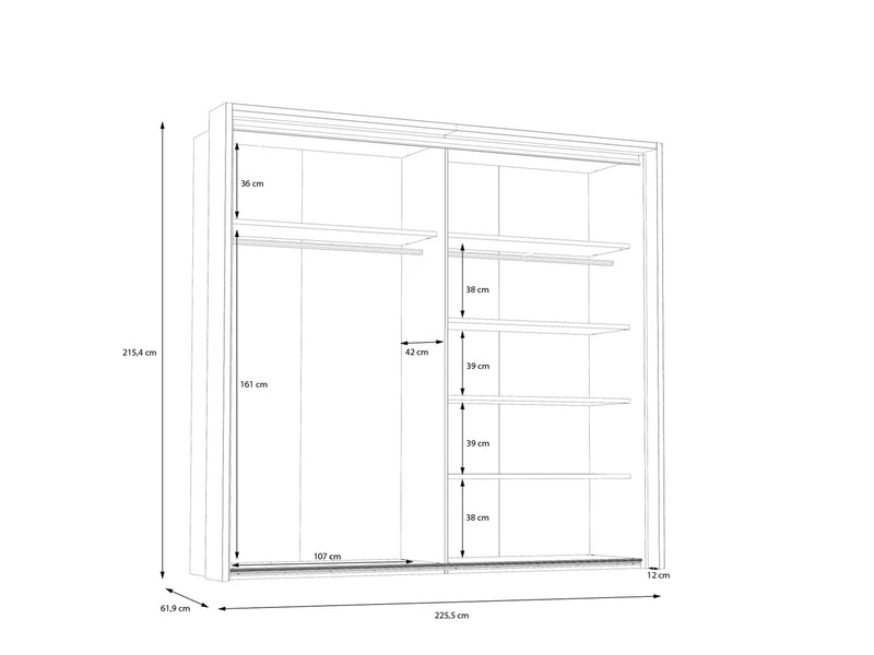 Szafa 2-skrzydłowa z drzwiami przesuwnymi, bez szuflad, model PEMBURY, w kolorze dąb/antytaktyt, szerokość 231 cm