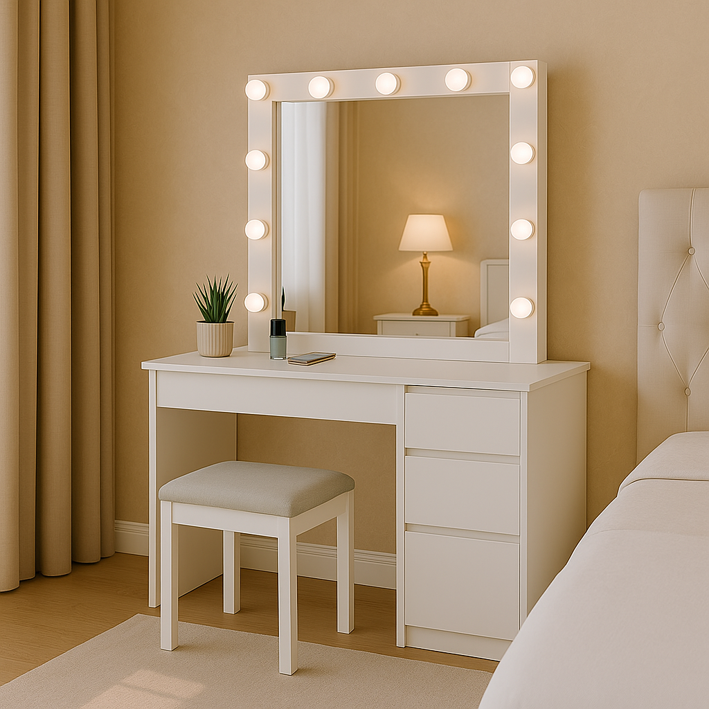 Coiffeuse Aga avec miroir, éclairage LED et tabouret en blanc mat