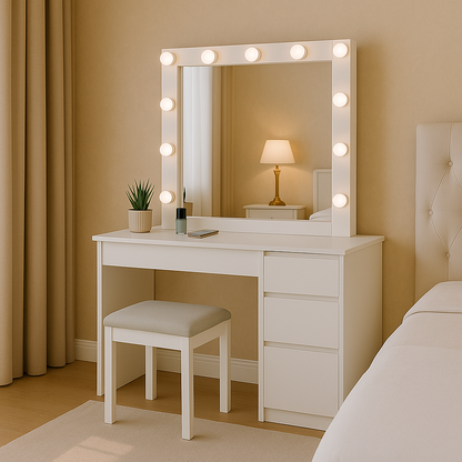 Coiffeuse Aga avec miroir, éclairage LED et tabouret en blanc mat